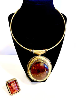 Necklace  & Ring Set - Amber Pendants Choker