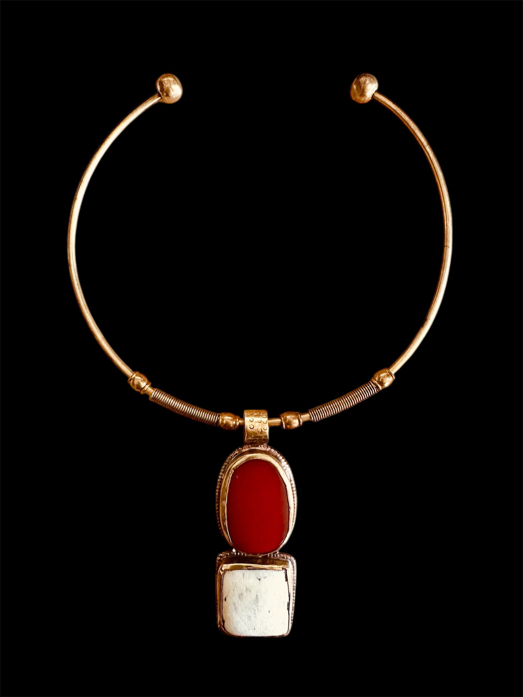 Focus -Brass Choker with Tibet Red-Orange Agate & Bone pendant
