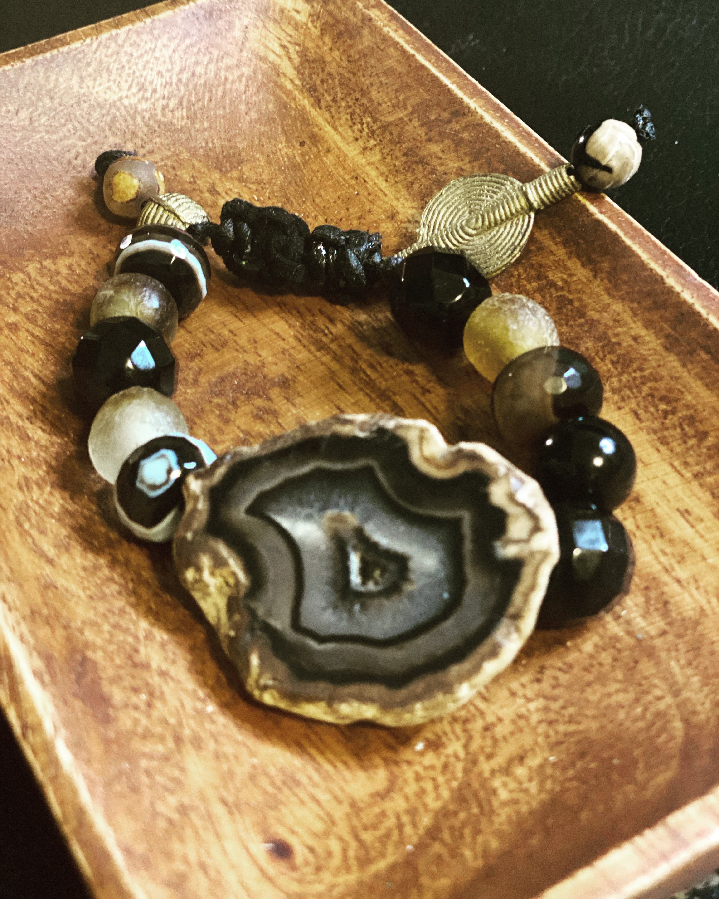 Black Agate  Pendant Adjustable Beaded Bracelet