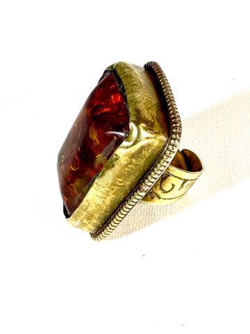 Ring - Brass Fossil Baltic Amber